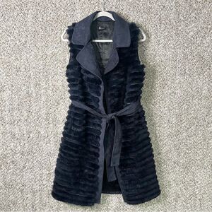 Love Token Vest Women’s Small Dark Blue 100% Rabbit Fur & Suede Waist Tie Long